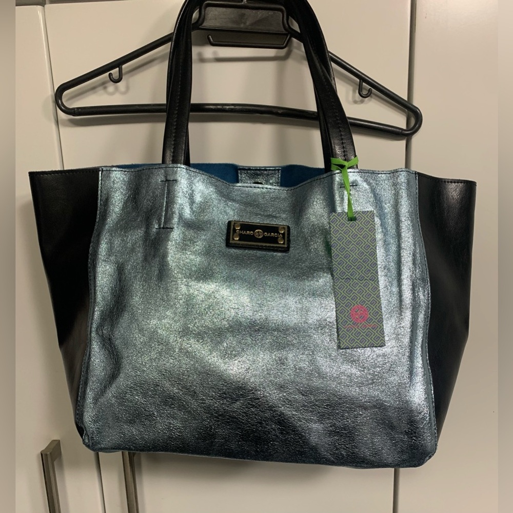 Black and Metallic Blue Leather Tote Bag